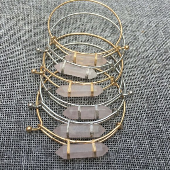 Mother Nature Jewelry - Double Terminated Rose Quartz Crystal Gold Bangle Bracelet